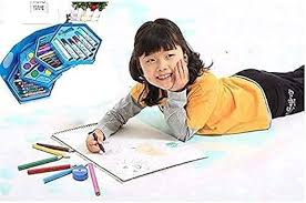 Child Playing with Crayons and colored Pencils 